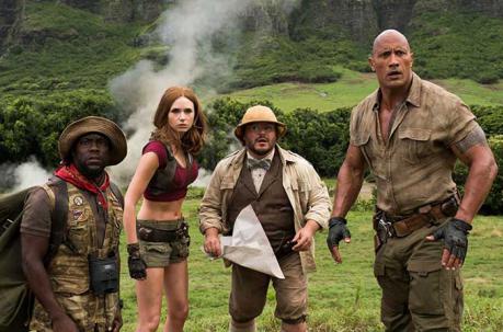 Jack Black, Kevin Hart, Dwayne Johnson, y Karen Gillan en Jumanji: Welcome to the Jungle (2017). Foto: IMDB