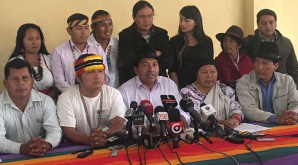 La Confederación de Nacionalidades Indígenas de Ecuador (Conaie) durante la rueda de prensa. Foto: @CONAIE_Ecuador