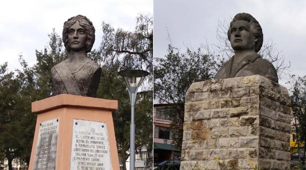 Manuela Sáenz (izq.) y María Augusta Urrutia son dos de los personajes que han sido inmortalizados con bustos en su memoria y reposan en espacios públicos de Quito. Fotos: Santiago Ponce / ÚN