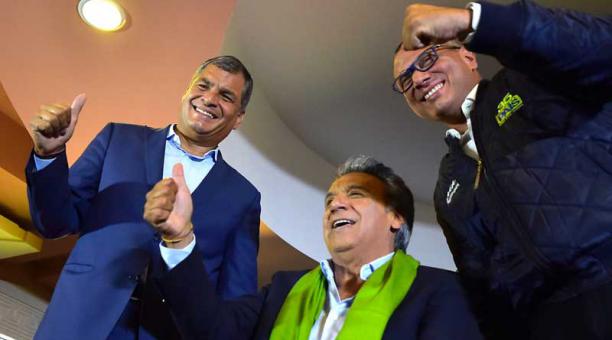 Rafael Correa, Jorge  Glas y Lenín Moreno la noche del domingo 3 de abril del 2017. Foto: AFP