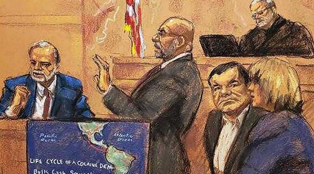 Dibujo que representa cómo se desarrolla el juicio al ‘Chapo’ Guzmán, en Estados Unidos.