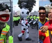 Un chapulin (der.) un robot y Paquito, el títere policia. Los curiosos personajes que llegaron al estadio Atahualpa. Fotos: Alfredo Lagla / ÚN