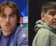Luka Modric (izq.) y Diego Maradona vivirán el partido entre Real Madrid y Nápoles, uno en la cancha o otro en las gradas, respectivamente. Fotos: Agencias
