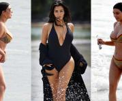 Kim Kardashian en una foto de publicidad (centro) y al natural. Fotos: Tomada de Infobae y Facebook.
